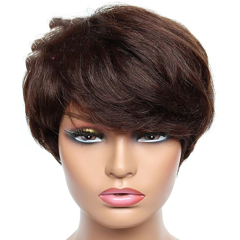 Pixie Cut WigBangs 짧은 인간의 머리카락 혼합 흑인 여성을위한 전체 가발 기계 제작 없음 레이스 프론트 짧은 인간의 머리 가발
